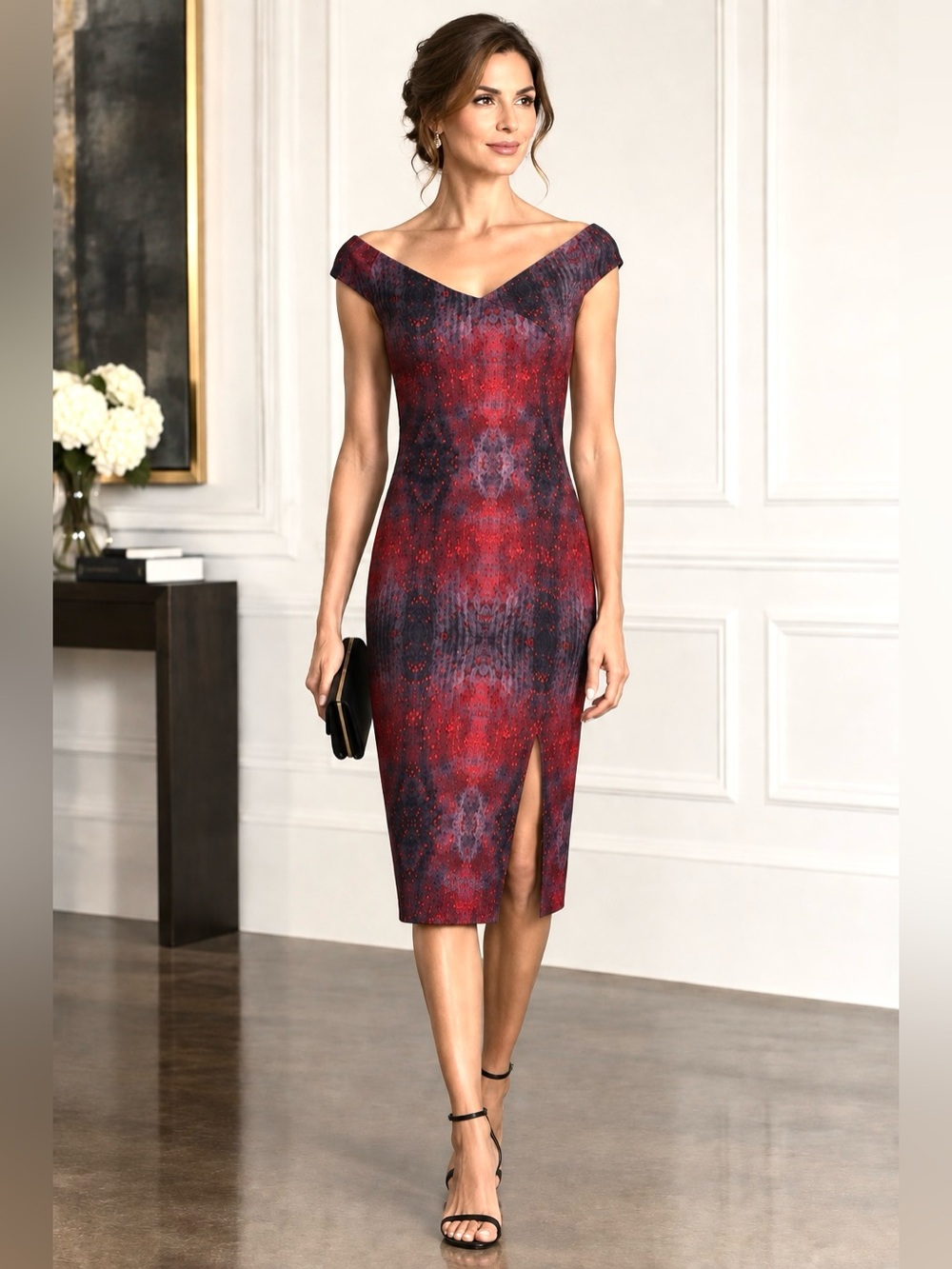 CHIARA BONI Irene Bateau Neck Cocktail Sheath Dress NEW Red Abstract Size 42